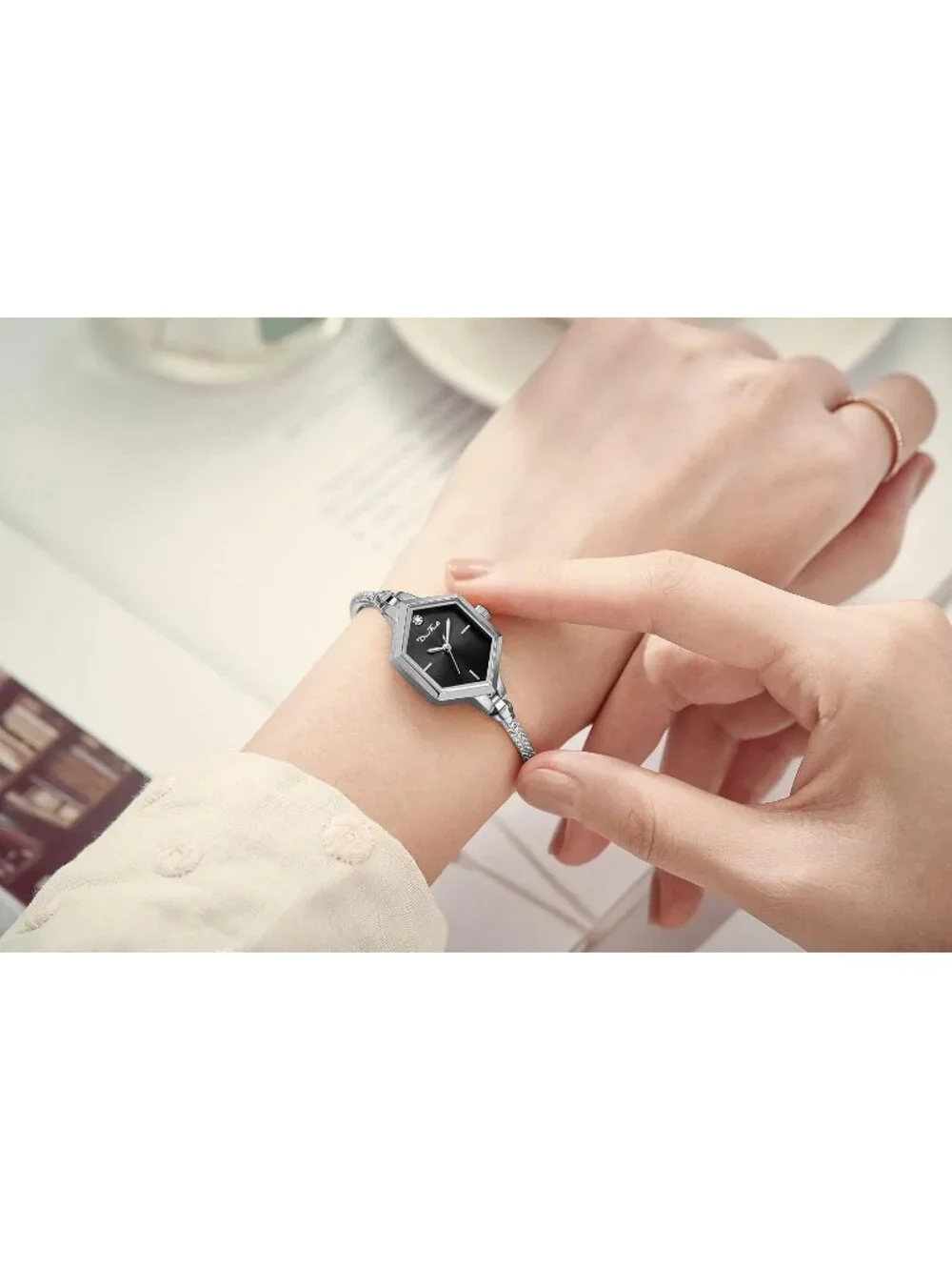 Women's Steel Shell - Black Diamond Dress Analog Hexagonal Mini Bracelet Watch